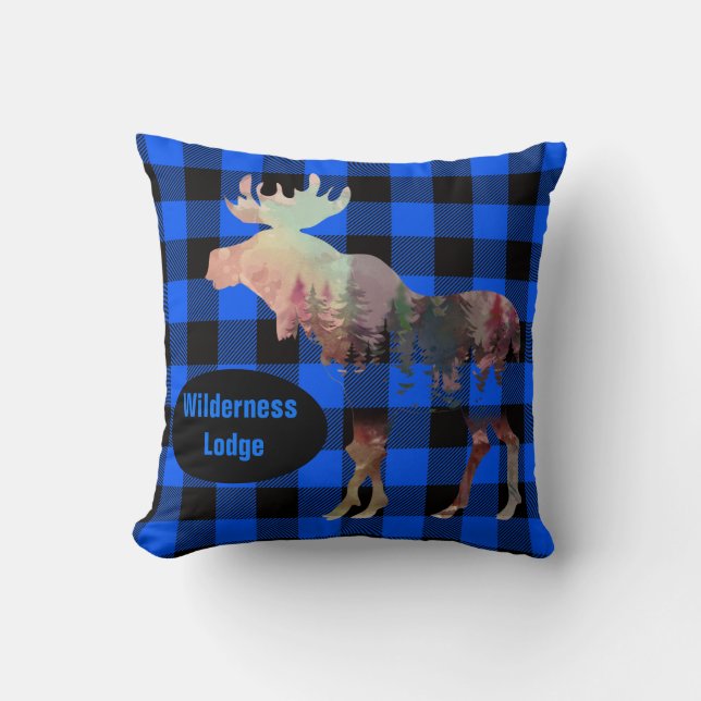 Coussin Rustique Moose Blue Plaid Ajouter Nom Jeter Oreill (Recto)