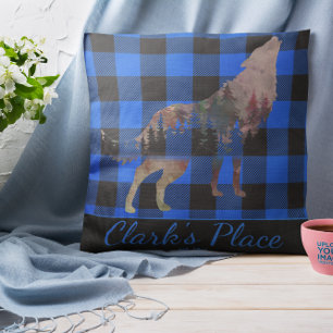 Coussin Rustique Personnalisé Bison Bleu Plaid Wolf Wilder