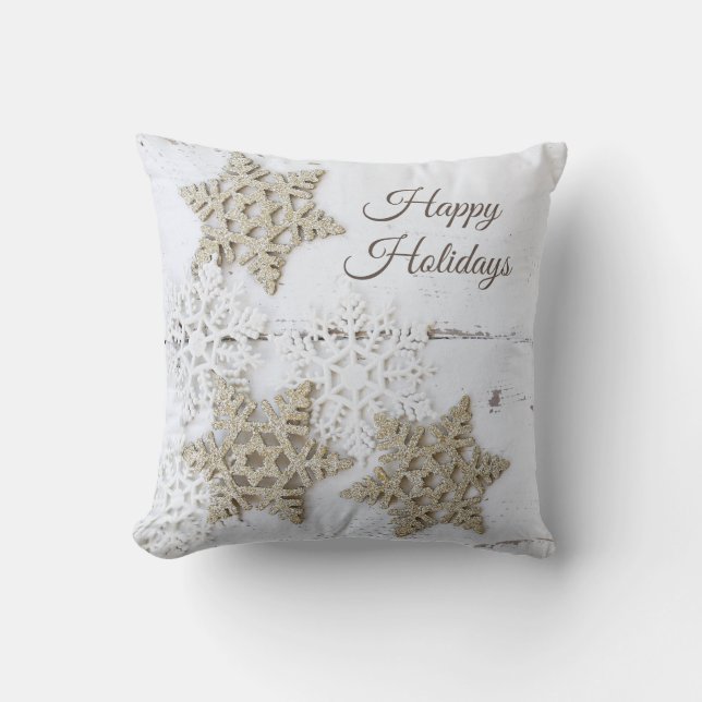 Coussin Rustique Simple Snowflake Blanc Joyeux Vacances (Recto)