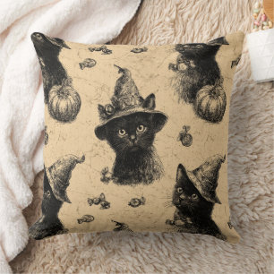 Coussin Rustique Vintage Chat Noir Sorcière Halloween Moti