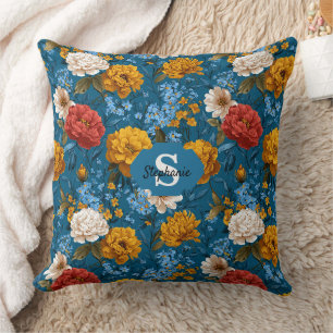 Coussin Rustique Vintage coloré motif floral en bleu