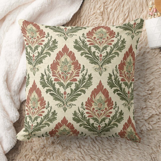 Coussin Rustique Vintage Damassé Rouge Vert Beige (Couverture)