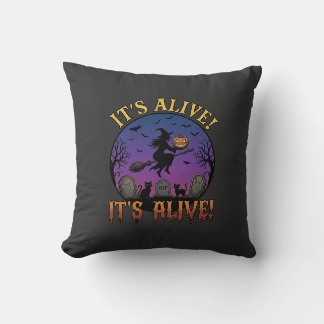 Coussin Sa Sorcière d'Halloween Citrouille Chat Noir Tombe (Recto)