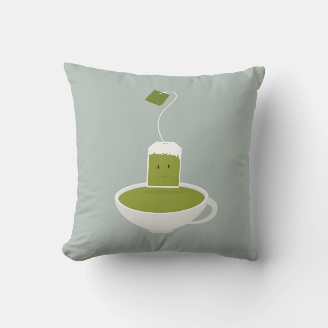 Coussin Sac à thé vert souriant avec tasse de thé (Recto)