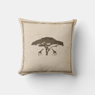 Coussin Safari Africain Deux Girafes & Arbre Jungle Vintag