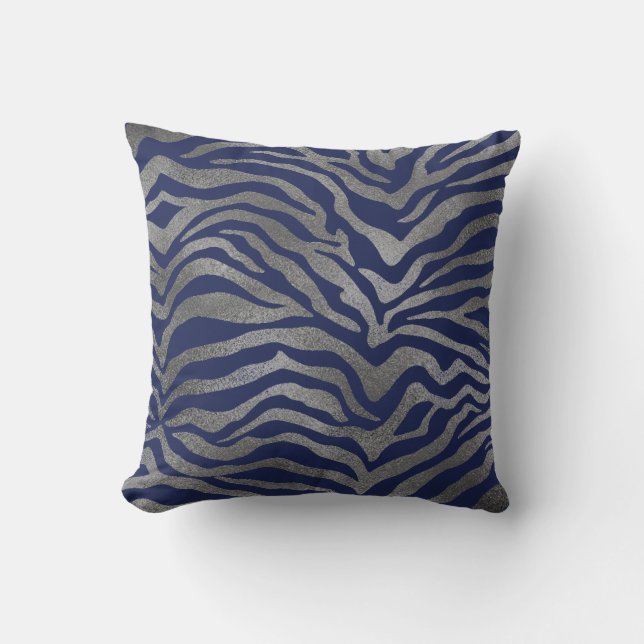 Coussin Safari Afrique Argent Glam Zebra Animal Skin Navy (Recto)