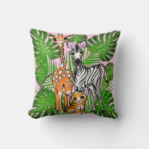 Coussin Safari amis, girafe, zèbre, tigre, palme feuilles