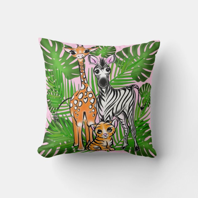 Coussin Safari amis, girafe, zèbre, tigre, palme feuilles (Recto)