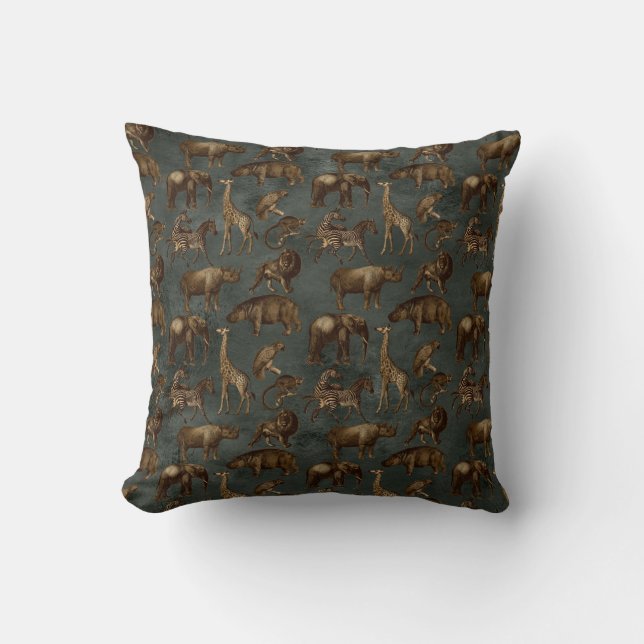 Coussin Safari Animaux sur Vert foncé (Recto)