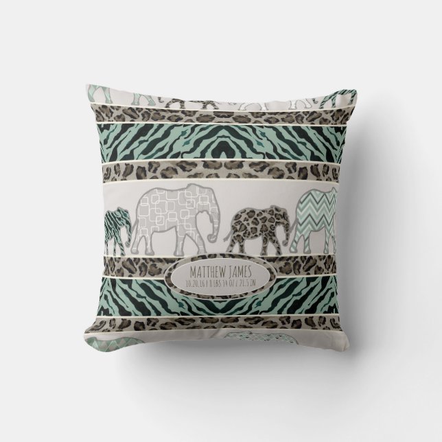Coussin Safari Elephants Baby Boy Nursery Leopard Zebra (Recto)