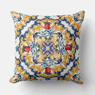 Coussin Safran Rouge Floral Sicilien Majolique Méditerrané
