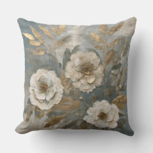 Coussin Sage Bleu Fumé Floral Rustique Or