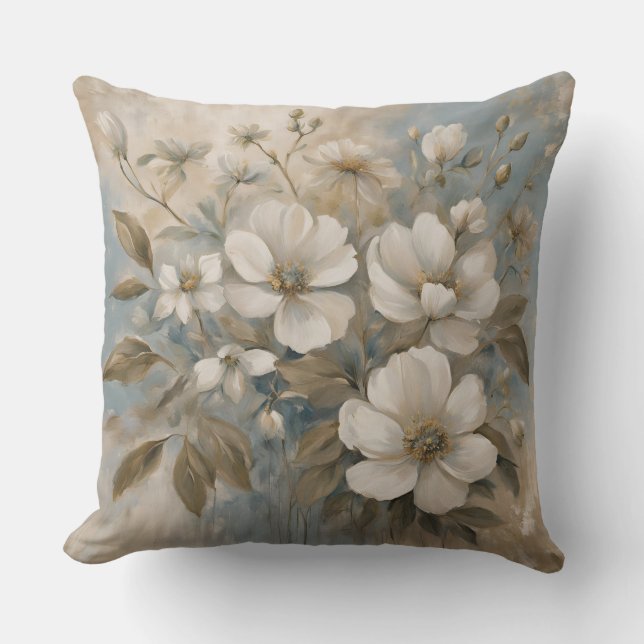 Coussin Sage Bleu Poussiéreux Fleur de Maison de Campagne (Recto)