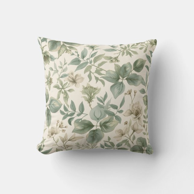 Coussin Sage botanique serein vert et crème  (Recto)