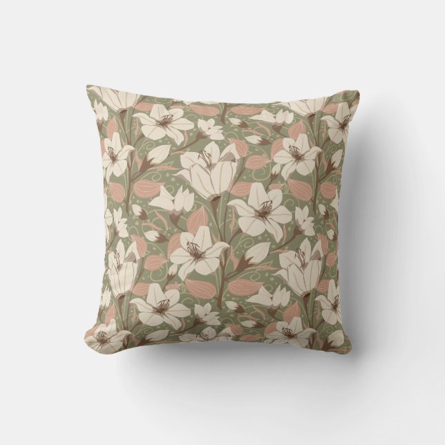 Coussin Sage Botanique Vert Beige Lily Floral Modèle (Recto)