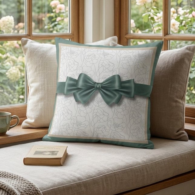 Coussin Sage Calme Sable Neutre Décor Arc Croquet (Find your zen with the peaceful sage green and sand tones of our ribbon motif pillow)