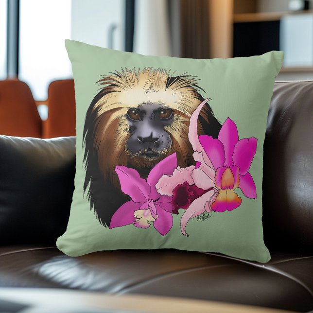 Coussin Sage Floral Tamarin Lion à Tête Dorée Singe (Créateur téléchargé)