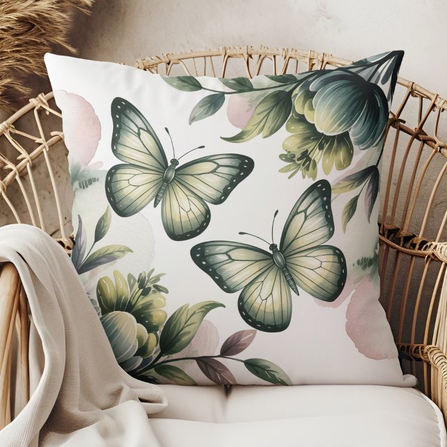 Coussin Sage Green Butterfly Throw Pillow (Sage Green Butterfly Throw Pillow in a boho neutral rattan armchair)
