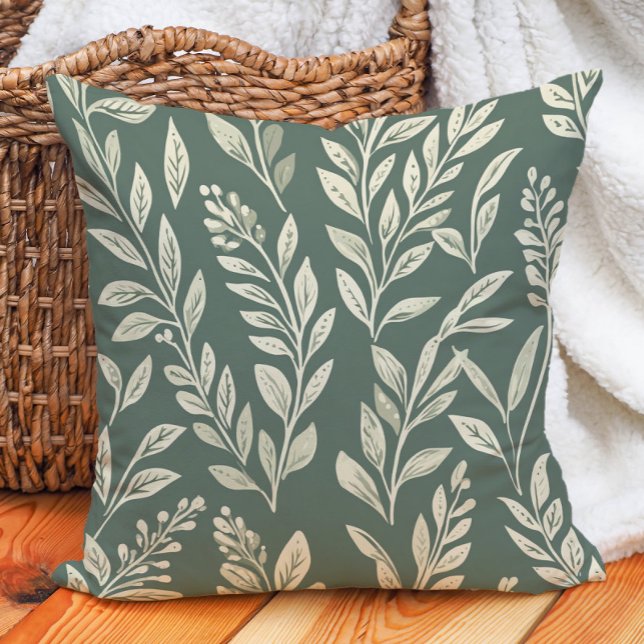 Coussin Sage Green Cream Feuille Ferme Botanique (Sage Green Cream Leaves Farmhouse Botanical Throw Pillow)