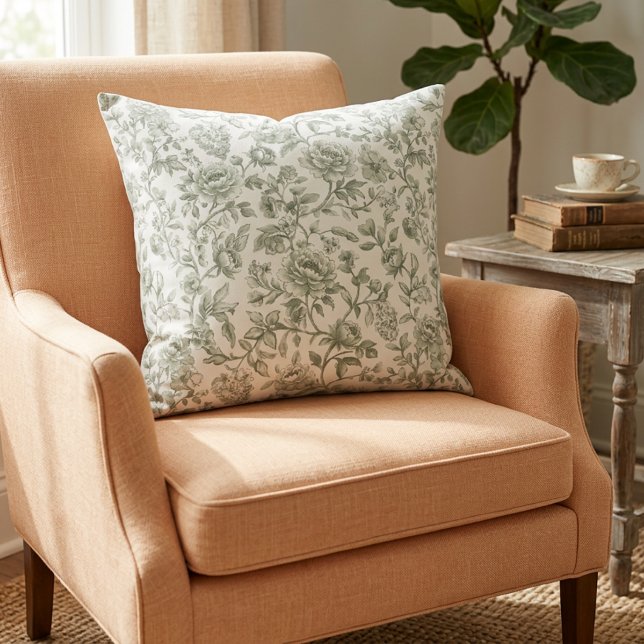 Coussin Sage Green Floral Vintage Toile Pattern  (Créateur téléchargé)