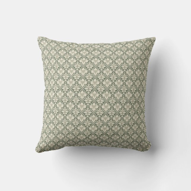 Coussin Sage Green & Ivory Damask Print Throw Cushion (Verso)