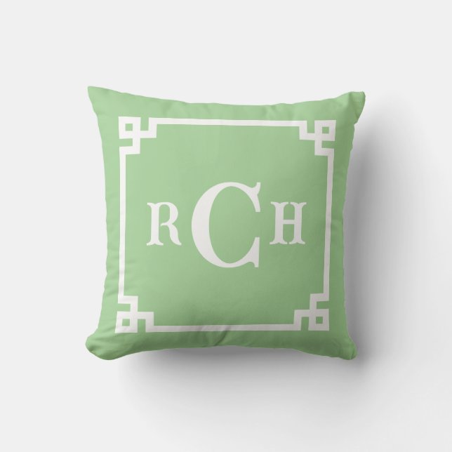 Coussin Sage Green Reverse Chinoiserie Grecque Monogramme  (Recto)