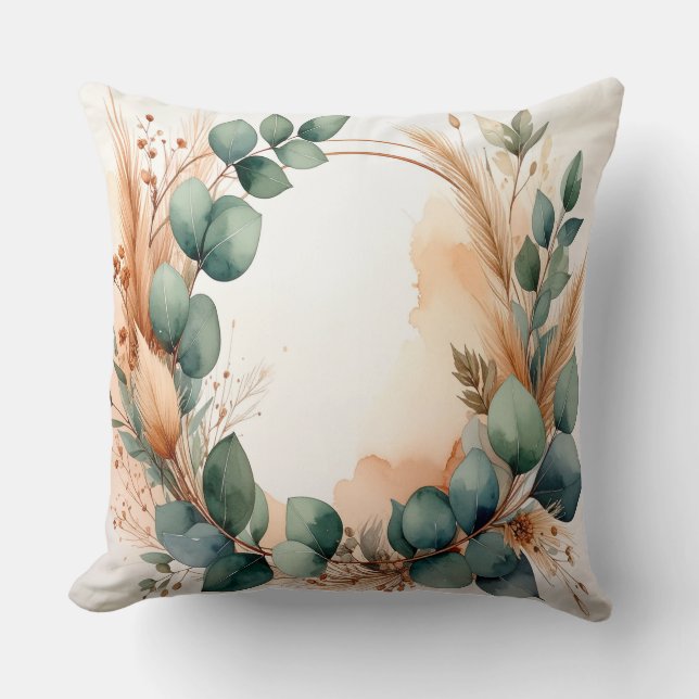 Coussin Sage Green Wreath Dried Flowers Pampas Grass (Recto)