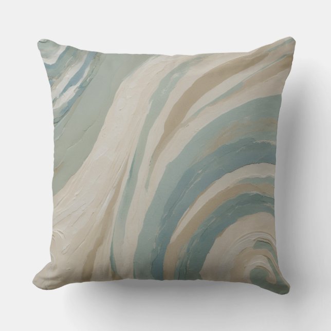 Coussin Sage Vert Bleu Canard Crème Tan Vagues Côtières (Recto)