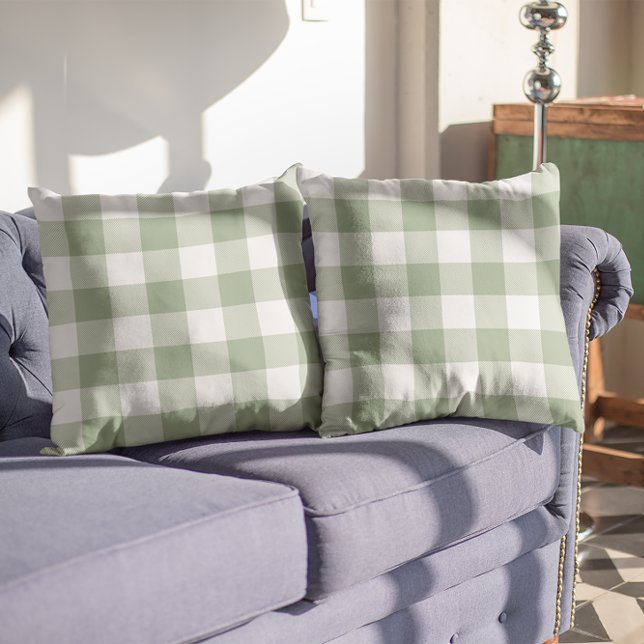 Coussin Sage vert et blanc En vichy Plaid (Sage Green and White Gingham Plaid Throw Pillow)
