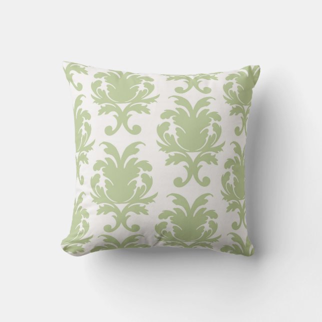 Coussin sage vert gras grand motif damassé (Recto)