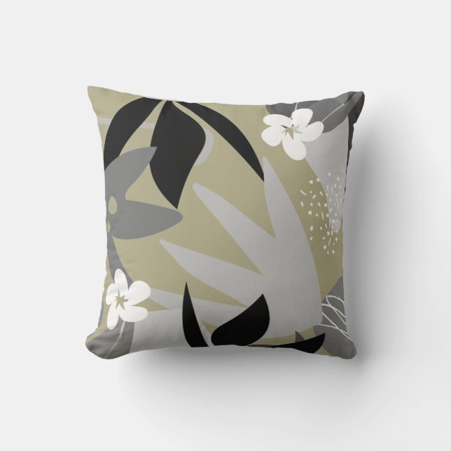 Coussin Sage Vert & Gris Artistique Abstrait motif floral (Recto)