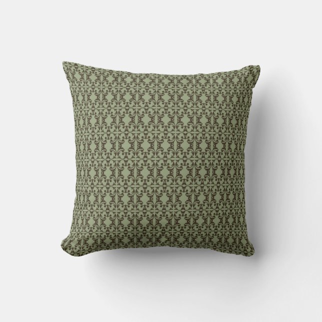 Coussin sage vert olive et brun motif damassé orné (Recto)