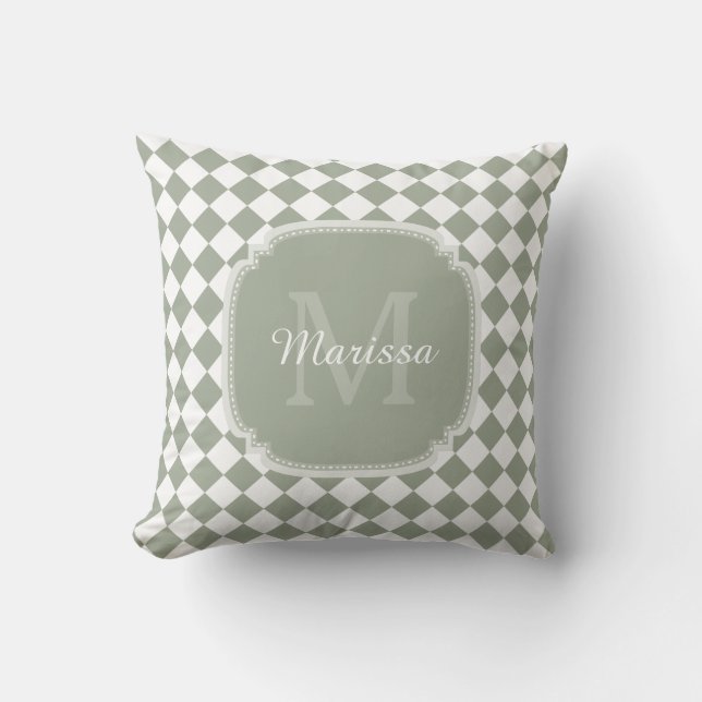 Coussin Sage vert tendance Vérifié Nom Monogrammé (Recto)