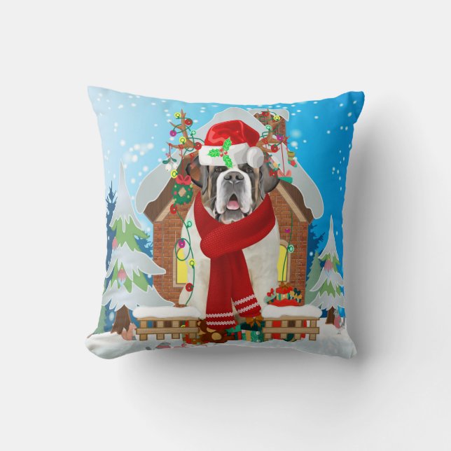 Coussin Saint Bernard chien avec cadeaux de Noël (Recto)
