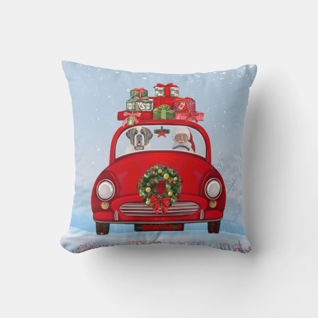 Coussin Saint Bernard Chien En Voiture Avec Le Père Noël (Recto)