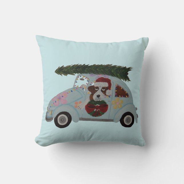 Coussin Saint Bernard dans une voiture Hippie à Noël (Recto)