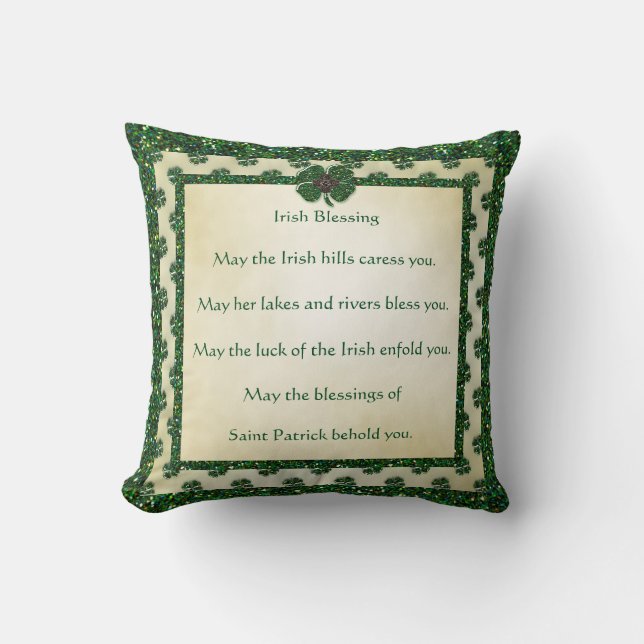Coussin Saint Patrick's Sparkly Shamrock Irish Blessing (Recto)