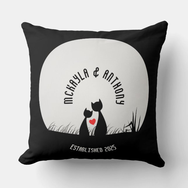 Coussin Saint Valentin Chats Coeur Rouge Lune Silhouette C (Recto)