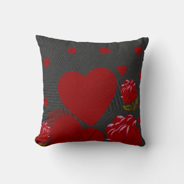 Coussin Saint Valentin, coeur rouge, rose rouge sur gris (Recto)