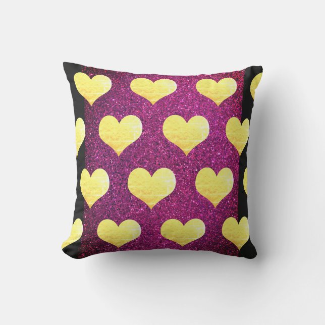 Coussin Saint-Valentin Cœurs Dorés Paillettes Rose Noir (Recto)