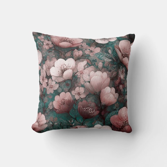Coussin Saint-Valentin Fleurs Romantiques Rose Vert (Recto)