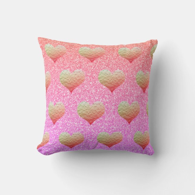 Coussin Saint-Valentin Rose Violet Paillettes Or Cœur (Recto)