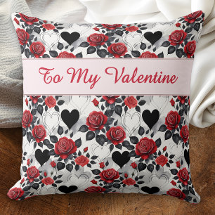 Coussin Saint-Valentin Roses Rouges Romantiques Cœurs Noir