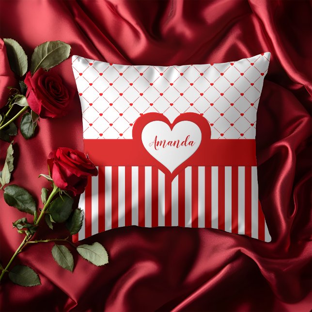 Coussin Saint-Valentin Rouge Blanc Motif Cœur Rayé (Créateur téléchargé)