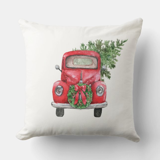 Coussin Saison Noël Camion rouge Vintage avec arbre (Recto)