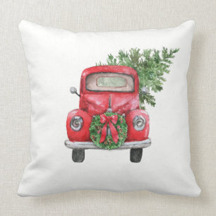 Coussin Saison Noël Camion rouge Vintage avec arbre