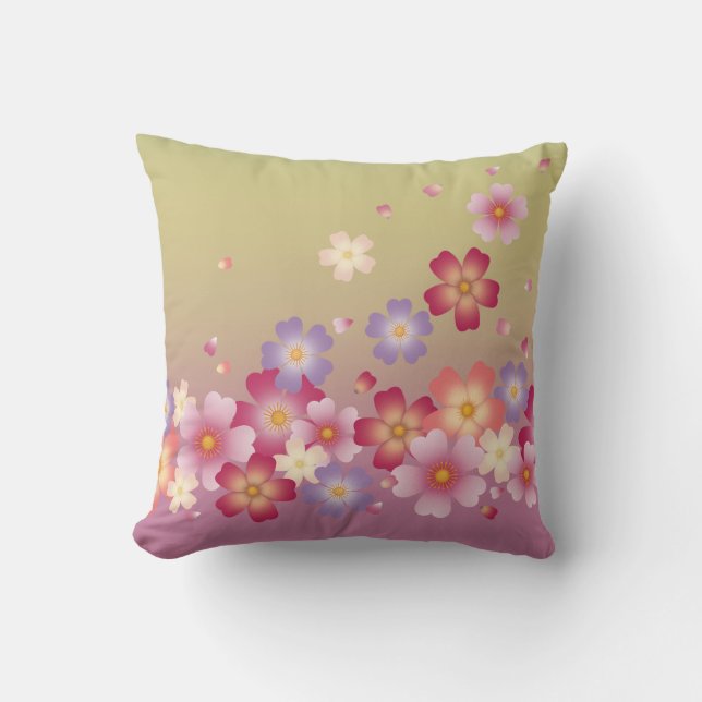 Coussin Sakura Blossoms De Kimono Style Pink & Green (Recto)
