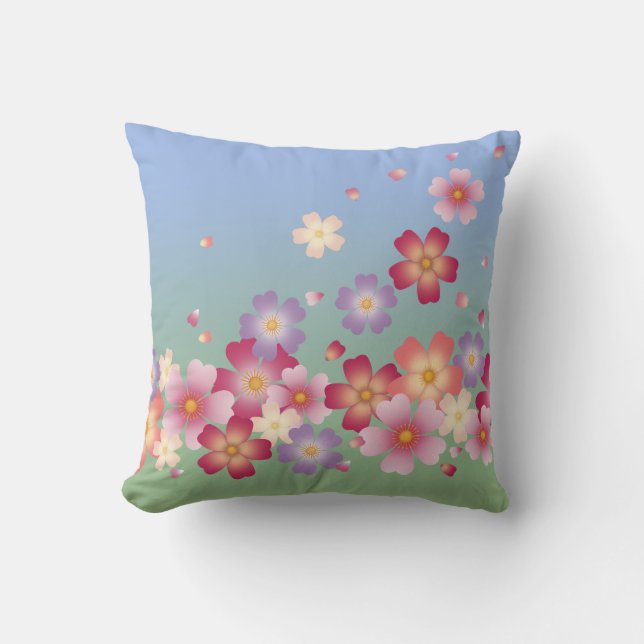 Coussin Sakura Blossoms Kimono Style Bleu & Vert (Recto)