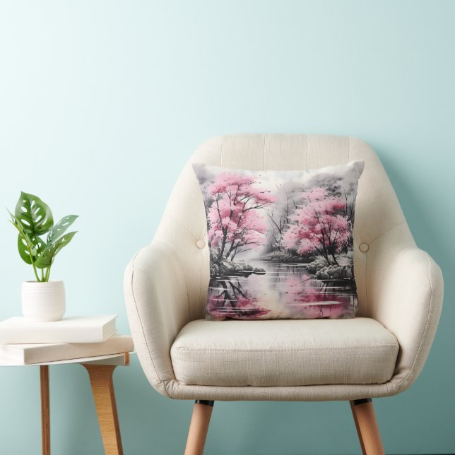 Coussin Sakura sur la peinture à l'encre de rivière (Chaise)