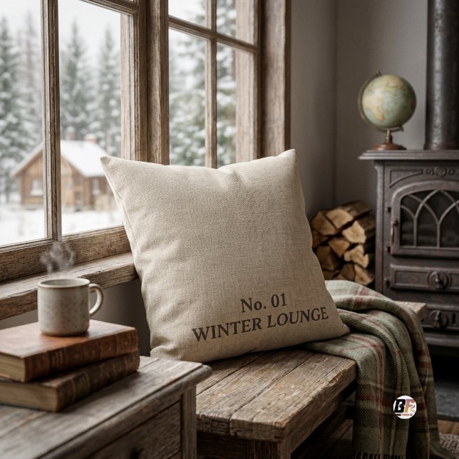 Coussin Salon d'hiver Typographie Rustique Beige (Créateur téléchargé)